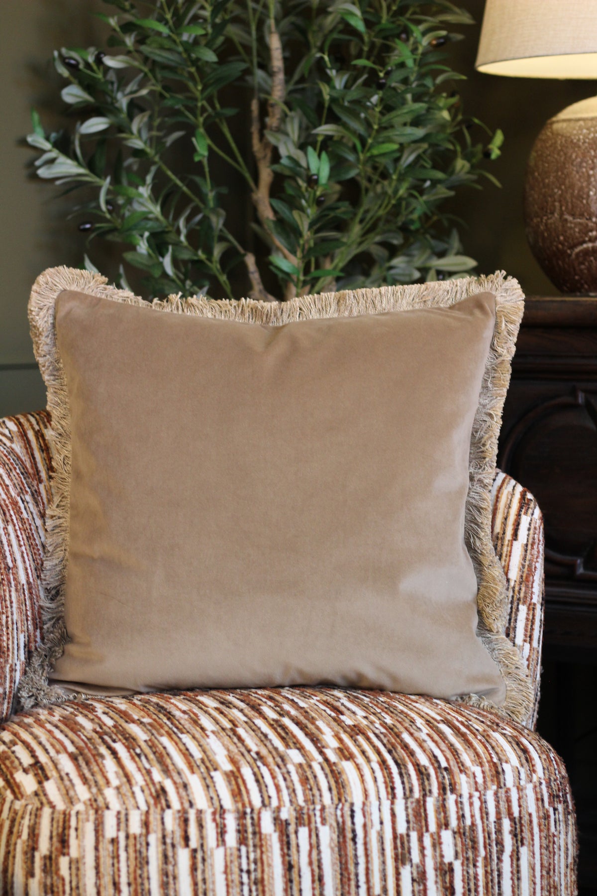 Langford Stone fringed velvet cushion in a warm neutral tone, 55 x 55cm