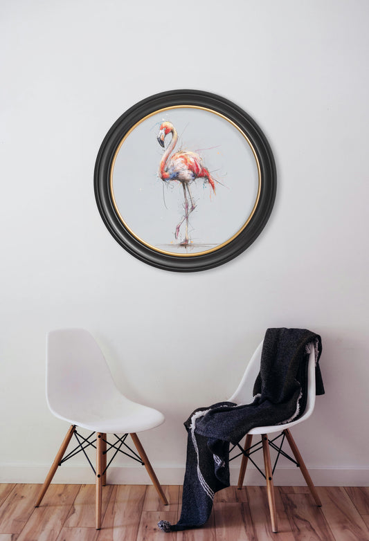 Pink Flamingo Cosy Sketch - Oxford Round Frame