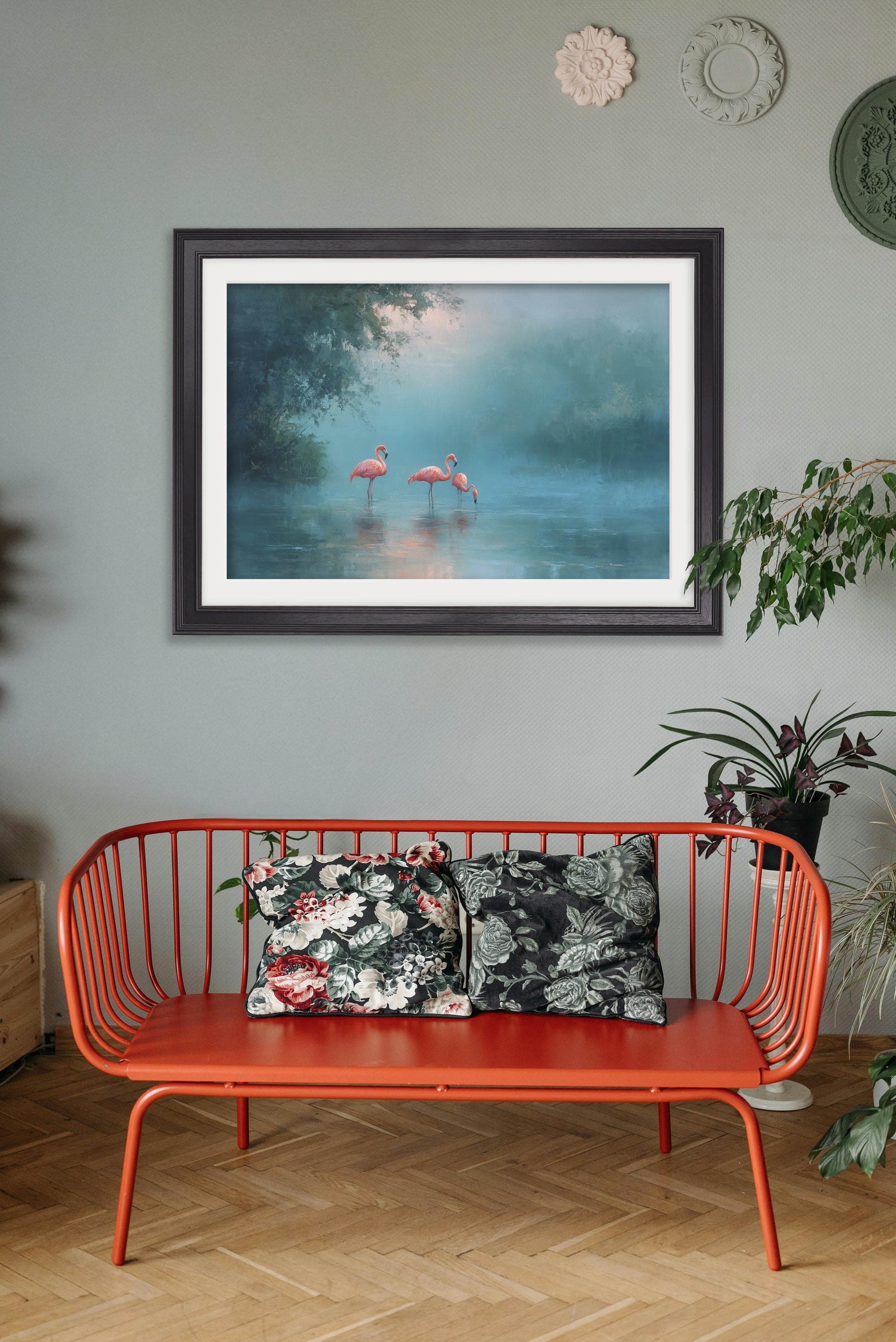 Misty Lake Flamingos – Black Hurstwood Frame – framed wall art at Leya Buster Interiors