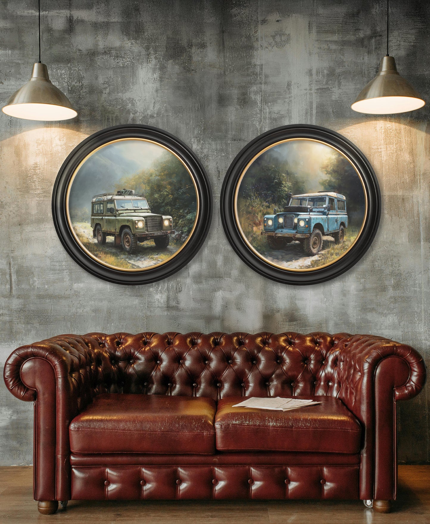 Country Track Defender Green – Oxford Round Frame styled view – Leya Buster Interiors
