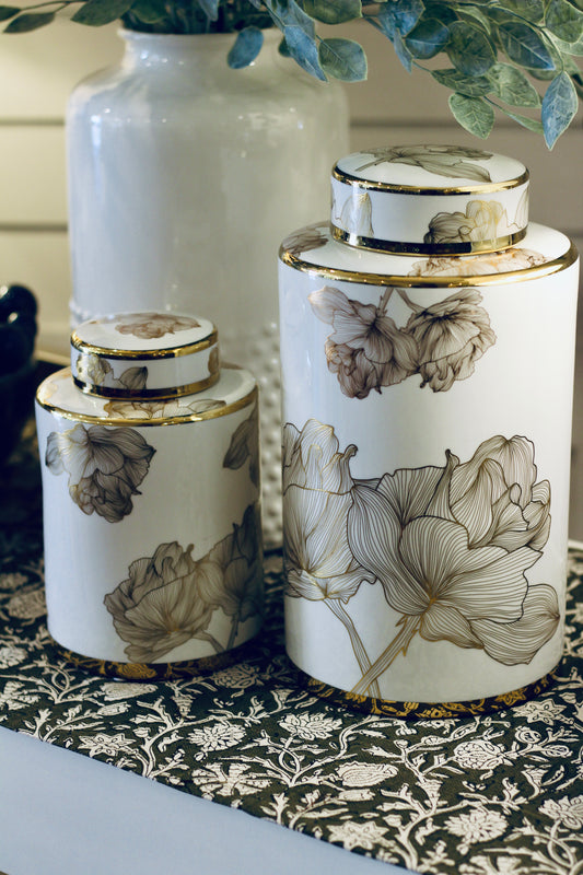 White & Gold Floral Lidded Jar