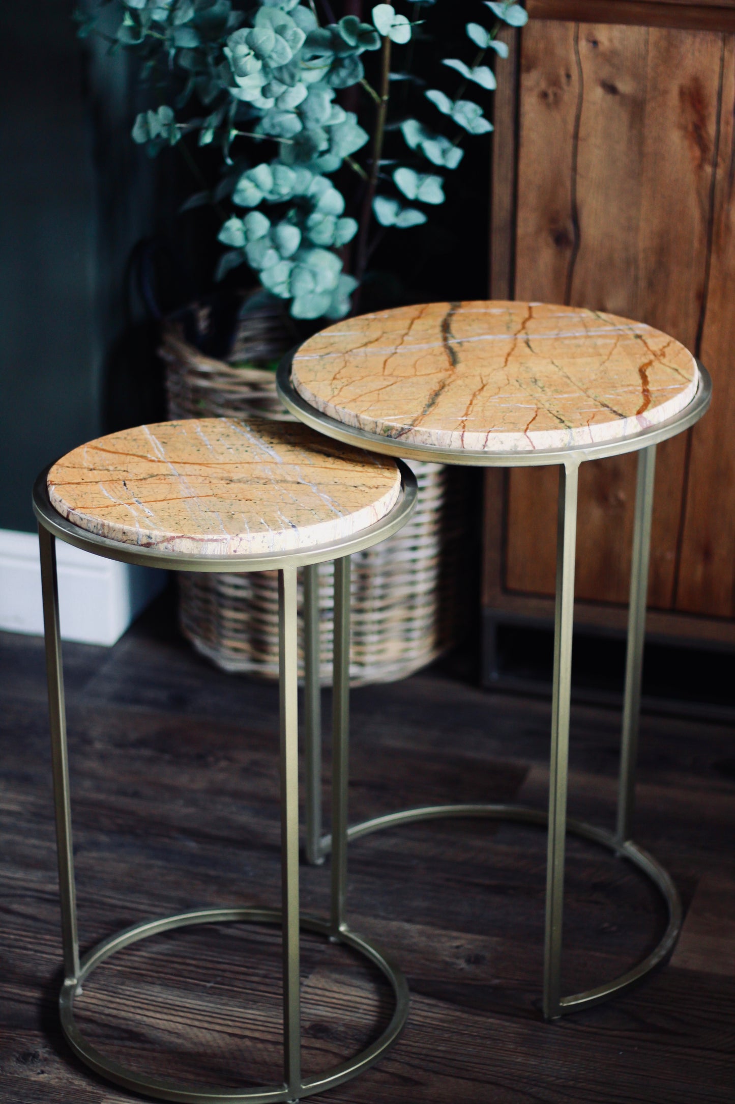 Ochre Rajasthani Marble Nest of Side Tables styled view – Leya Buster Interiors
