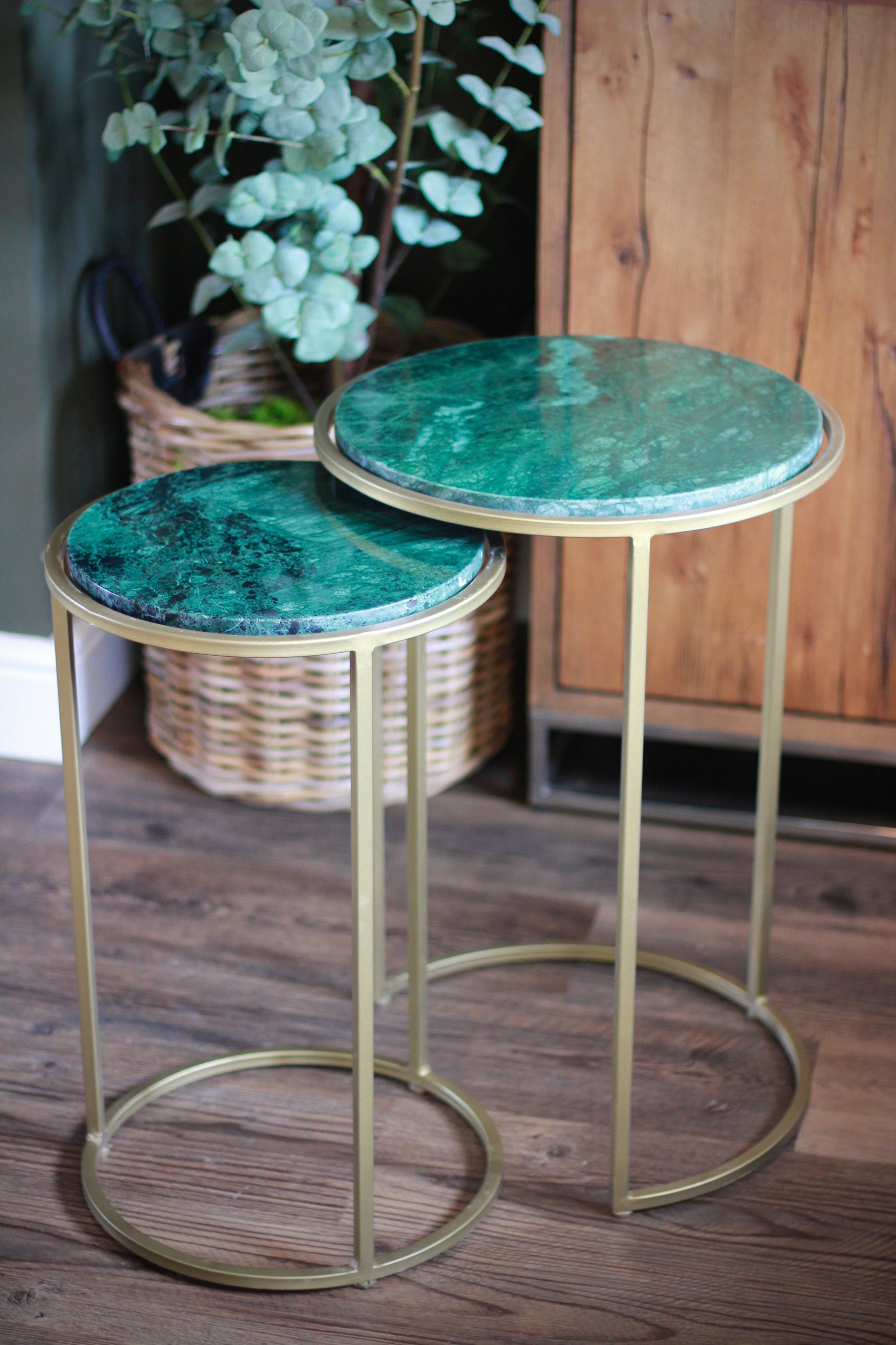 Forest Green Rajasthani Marble Nest of Side Tables styled view – Leya Buster Interiors