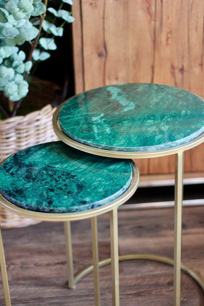 Forest Green Rajasthani Marble Nest of Side Tables styled view – Leya Buster Interiors