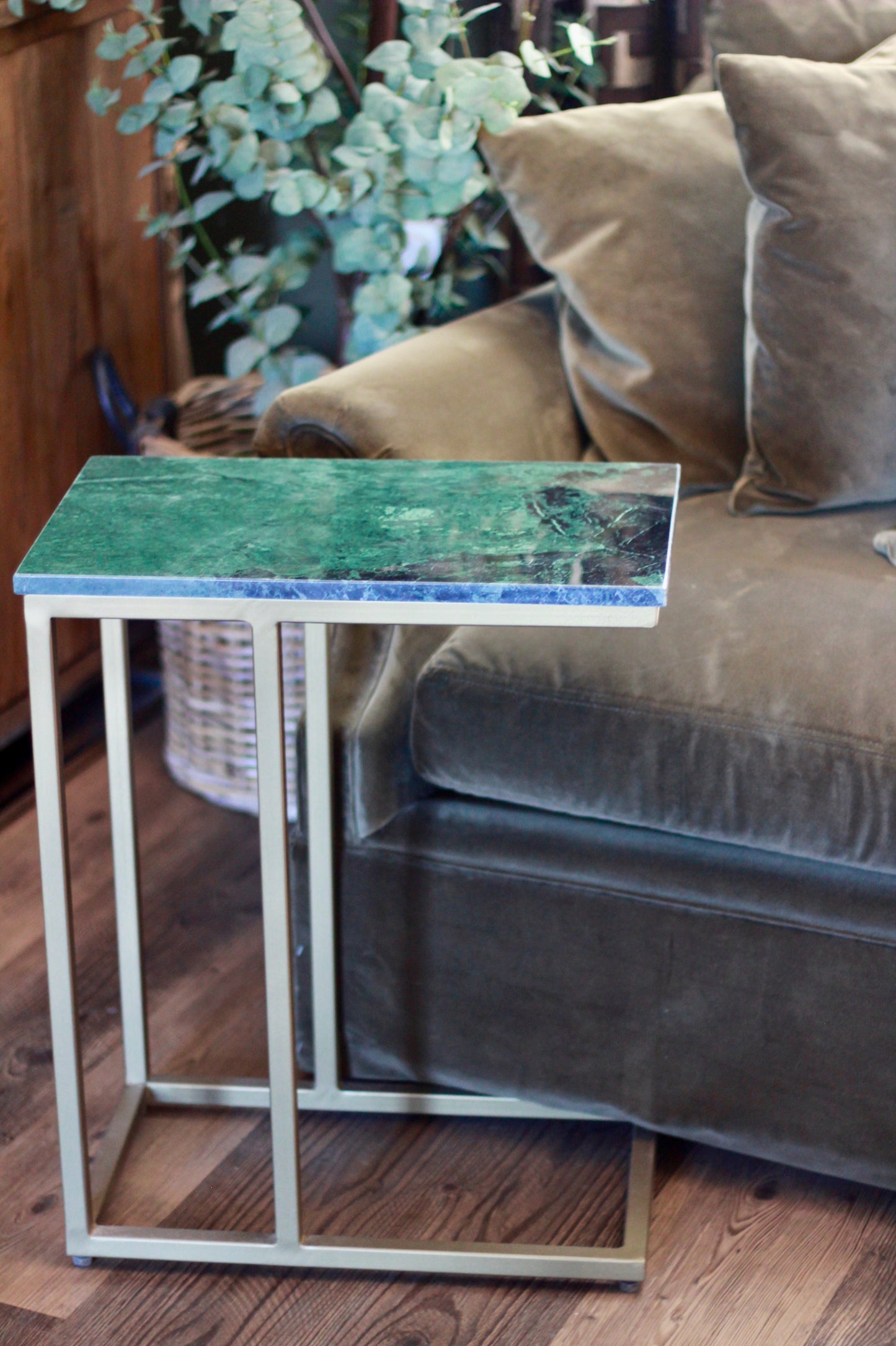 Forest Green Rajasthani Marble Sofa Side Table styled view – Leya Buster Interiors