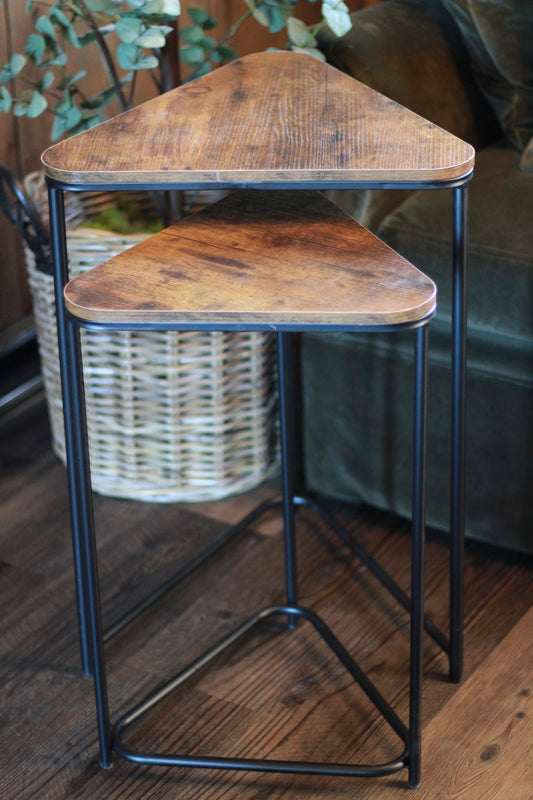 Set of 2 Wood Effect Nesting Side Tables | Black Metal Frame
