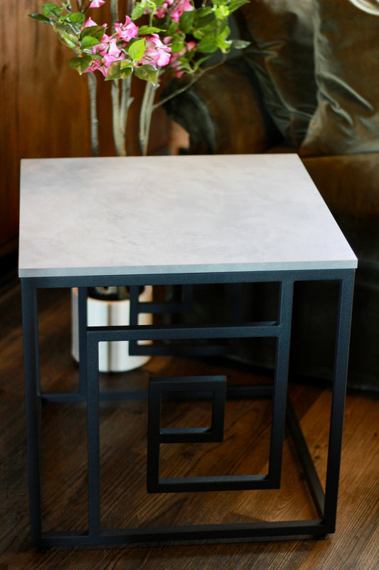 Black Metal Side Table with White Marble Effect Top