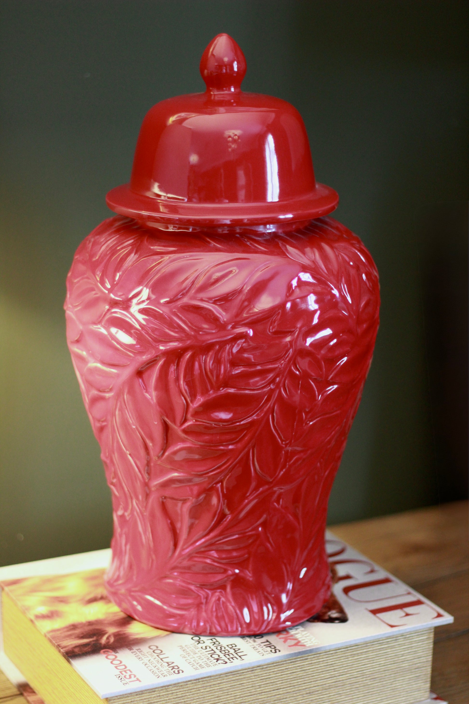 Glossy Red Leaf – Patterned Ceramic Ginger Jar styled view – Leya Buster Interiors