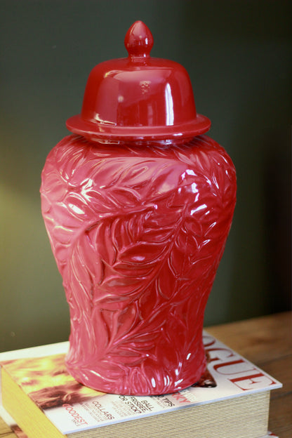 Glossy Red Leaf – Patterned Ceramic Ginger Jar styled view – Leya Buster Interiors