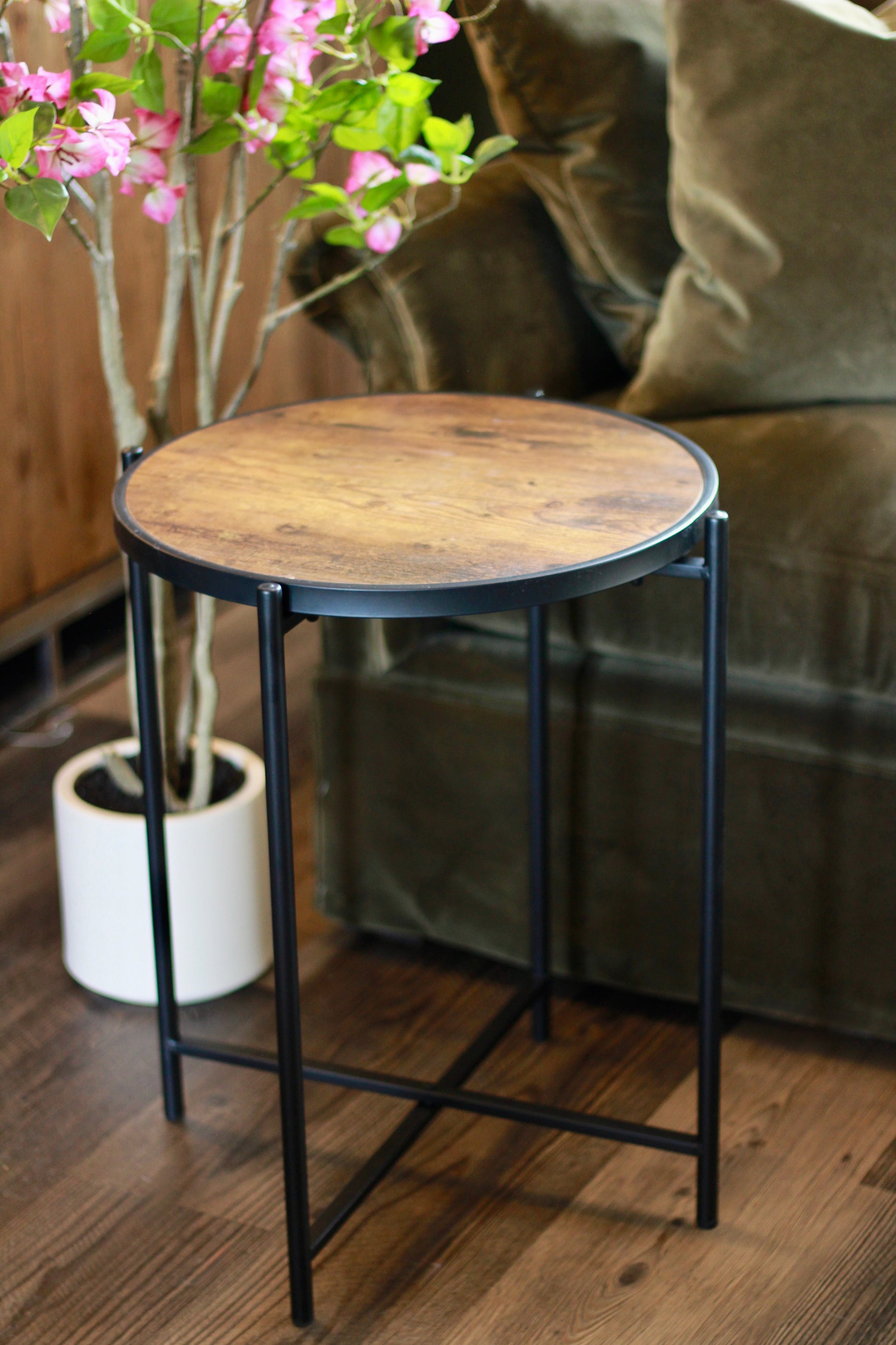Round Wood Effect Side Table with Black Metal Frame – side table at Leya Buster Interiors