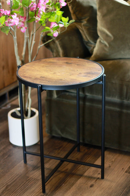 Round Wood Effect Side Table with Black Metal Frame – side table at Leya Buster Interiors
