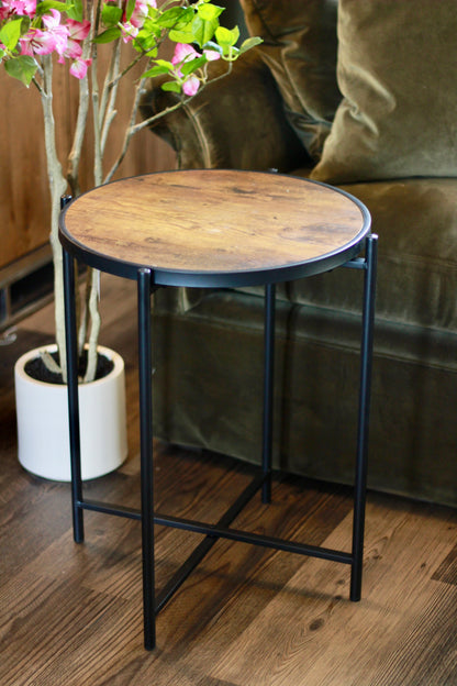 Round Wood Effect Side Table with Black Metal Frame styled view – Leya Buster Interiors