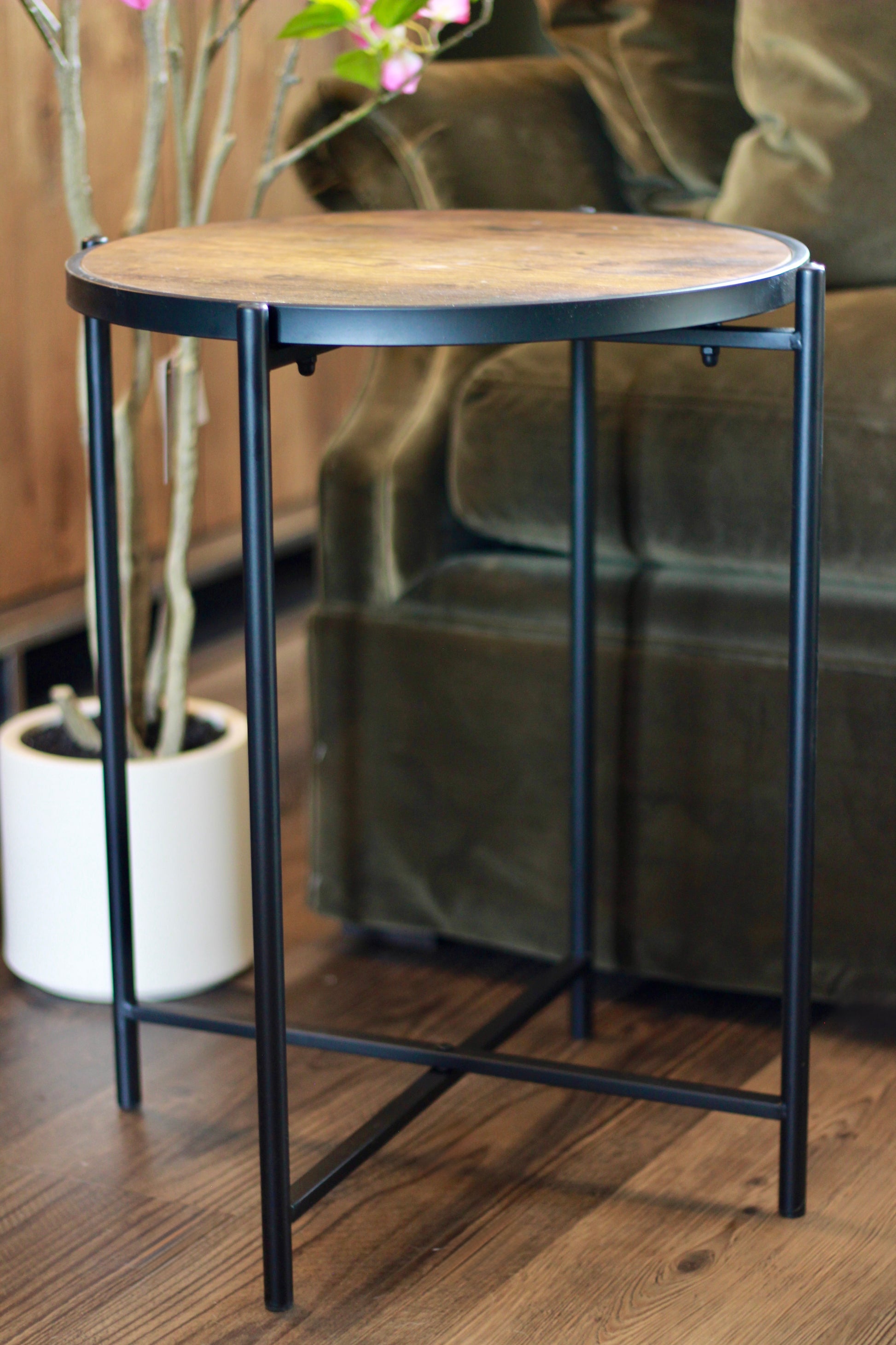 Round Wood Effect Side Table with Black Metal Frame detail – Leya Buster Interiors