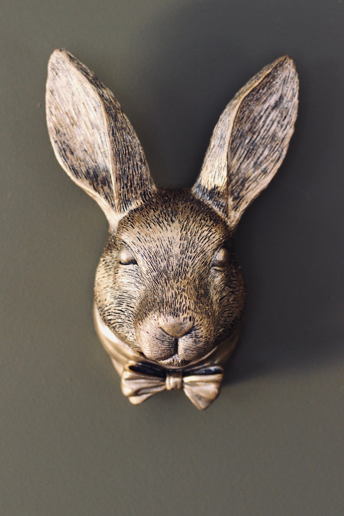 Small rabbit wall bust in an aged gold finish displayed on a dark wall