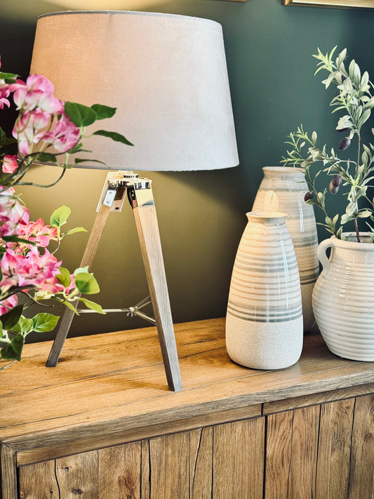 Grey Wooden Tripod Table Lamp with Velvet Shade