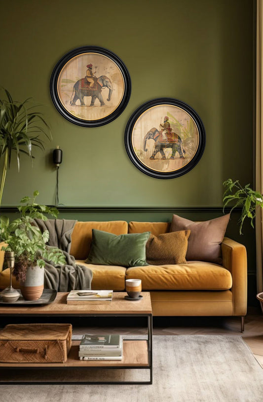 Mughal Emperor on Elephant LF – Oxford round frame – framed wall art at Leya Buster Interiors