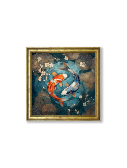 Japanese Koi Carp Dusk – Gold Hurstwood Square Frame styled view – Leya Buster Interiors