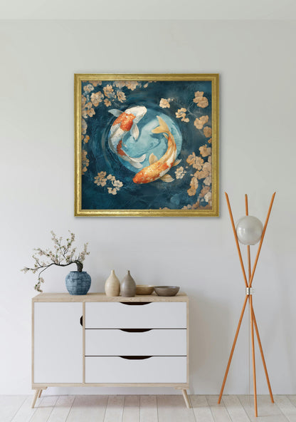 Japanese Koi Carp Dawn – Gold Hurstwood Square Frame styled view – Leya Buster Interiors