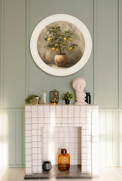Mediterranean Lemon Tree – Oxford Strong White Round Frame – framed wall art at Leya Buster Interiors