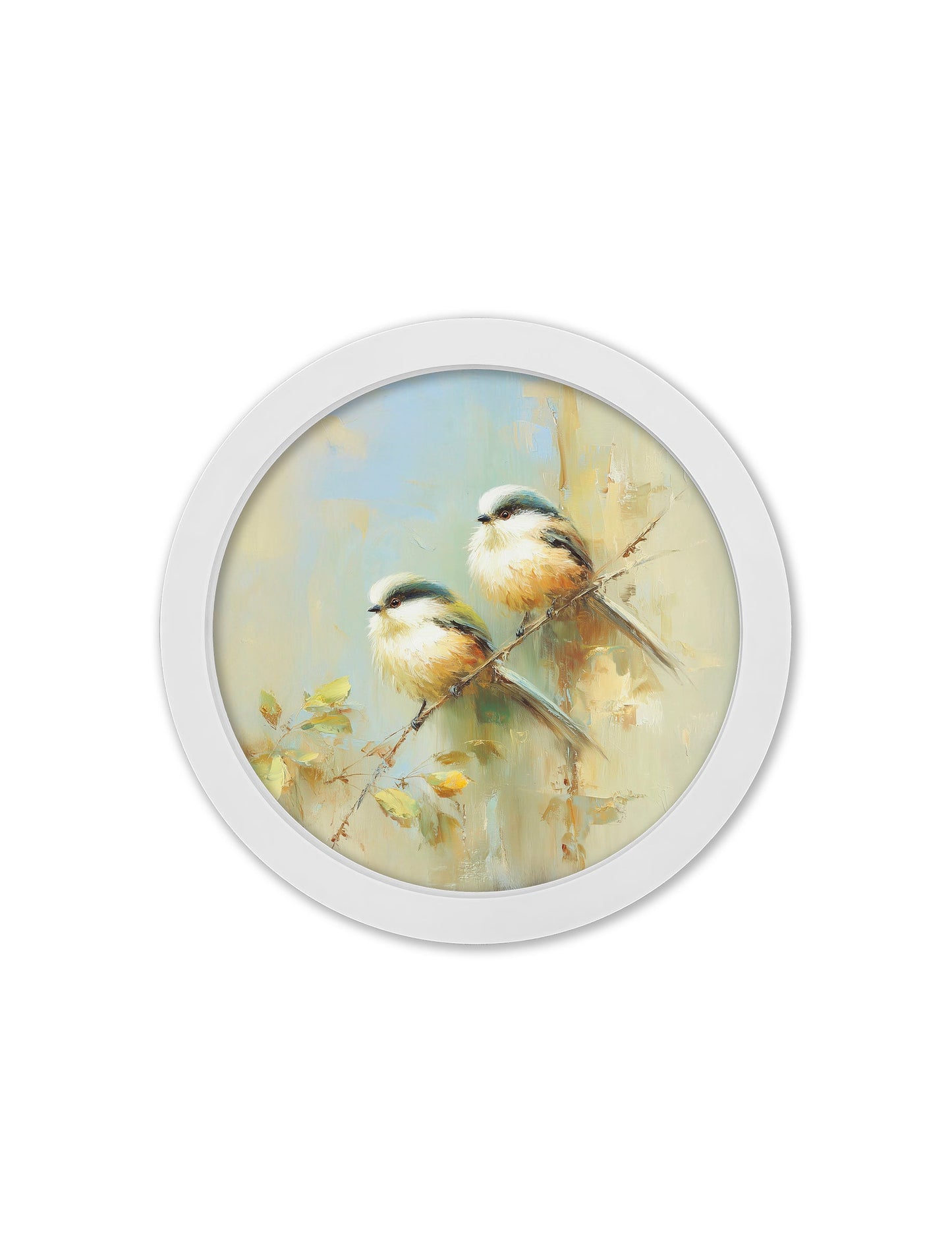Garden Birds – 30cm White Round Box Frame styled view – Leya Buster Interiors