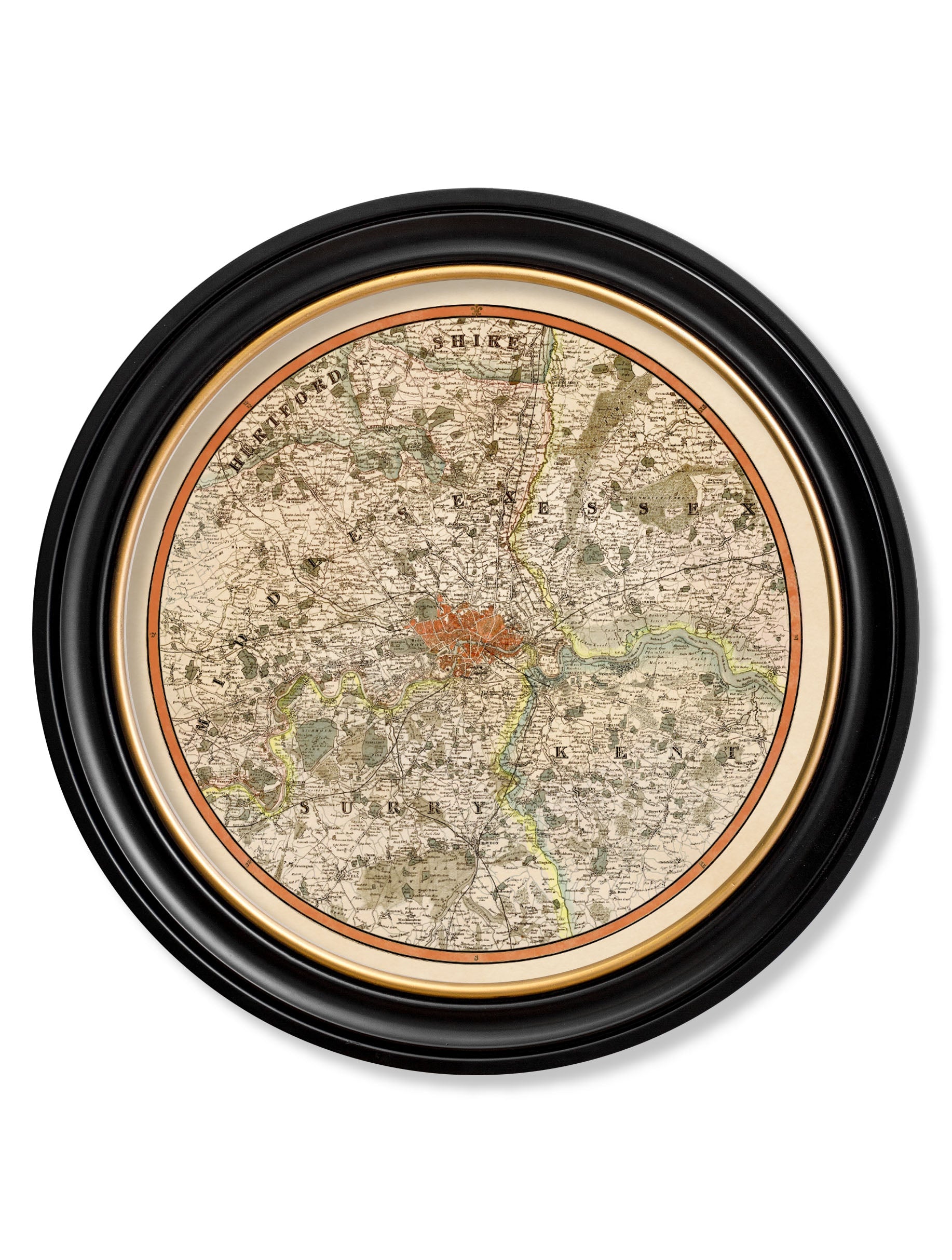 c.1839 Pigot & Co. New Map of the Environs London – Round – framed wall art at Leya Buster Interiors