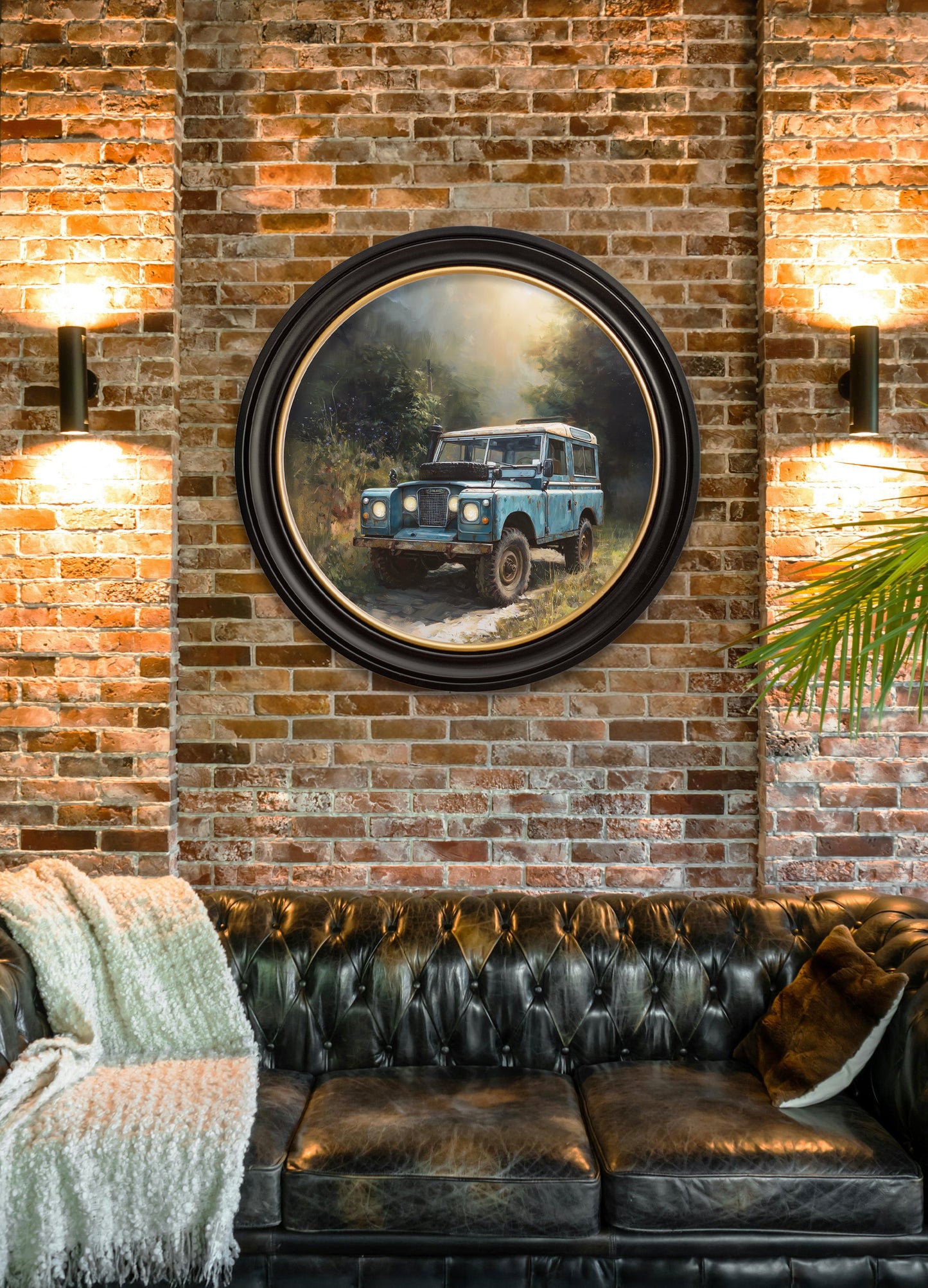 Country Track Defender Blue – Oxford Round Frame – framed wall art at Leya Buster Interiors