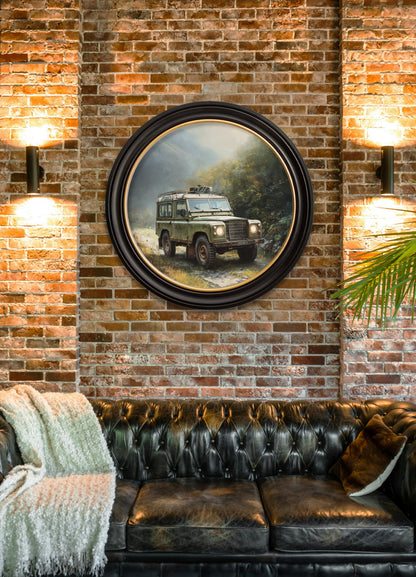 Country Track Defender Green – Oxford Round Frame – framed wall art at Leya Buster Interiors