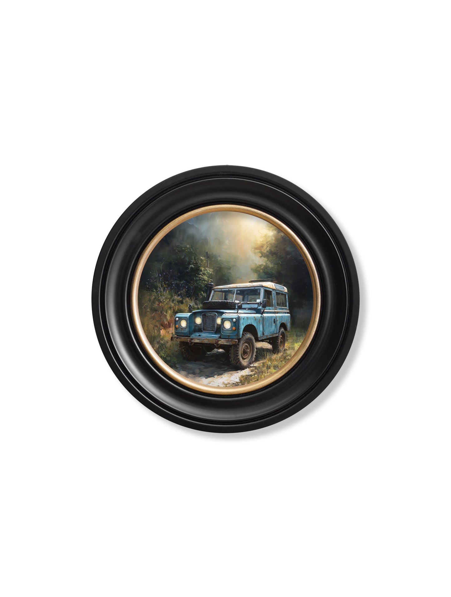 Country Track Defender Blue – Oxford Round Frame styled view – Leya Buster Interiors