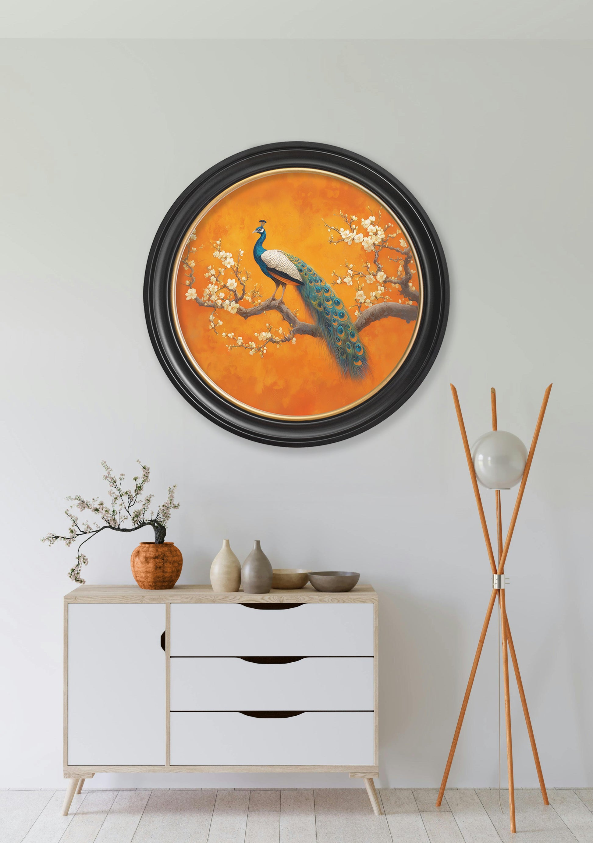 Peacocks In Saffron Garden – Oxford Round Frame styled view – Leya Buster Interiors