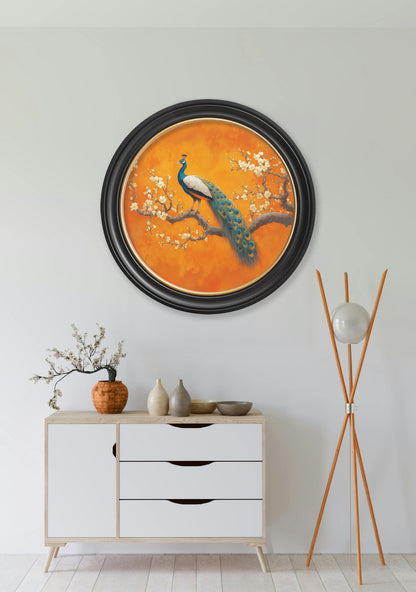 Peacocks In Saffron Garden – Oxford Round Frame styled view – Leya Buster Interiors