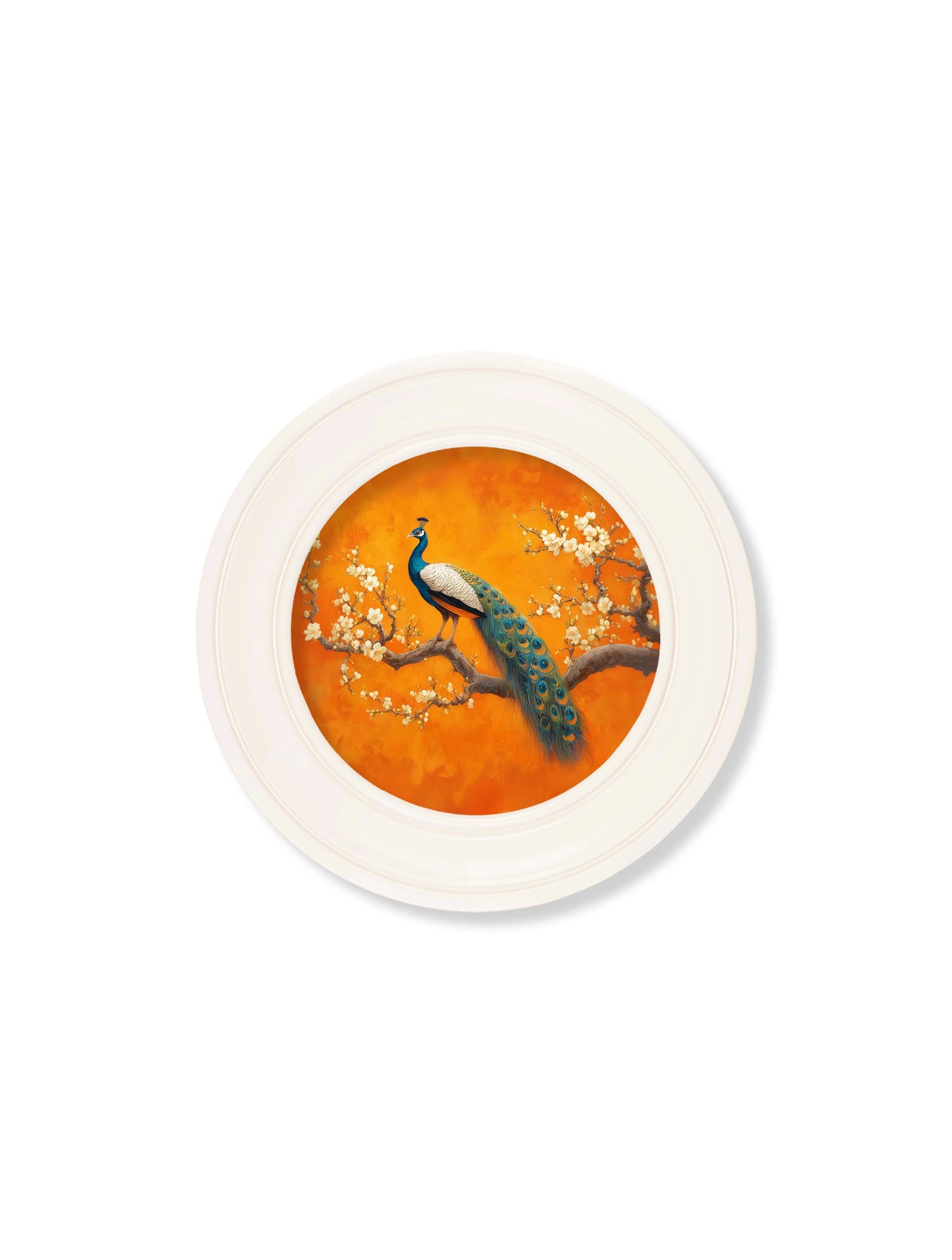 Peacocks In Saffron Garden – Oxford Strong White Round Frame styled view – Leya Buster Interiors