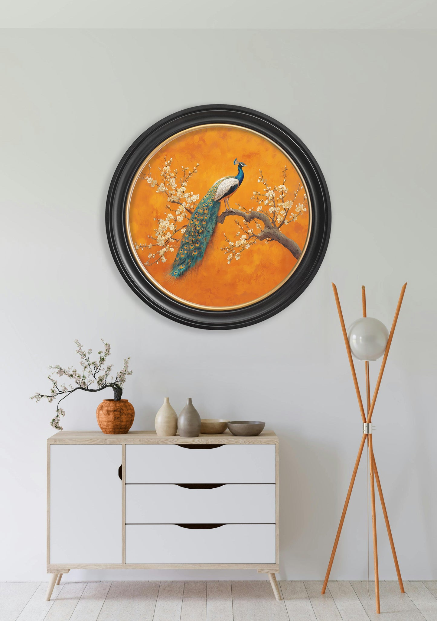 Peacocks In Saffron Garden – Oxford Round Frame styled view – Leya Buster Interiors
