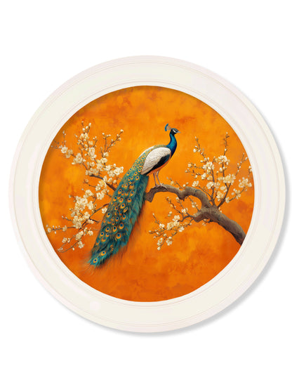 Peacocks In Saffron Garden – Oxford Strong White Round Frame styled view – Leya Buster Interiors