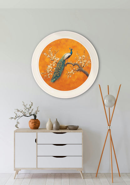 Peacocks In Saffron Garden – Oxford Strong White Round Frame styled view – Leya Buster Interiors