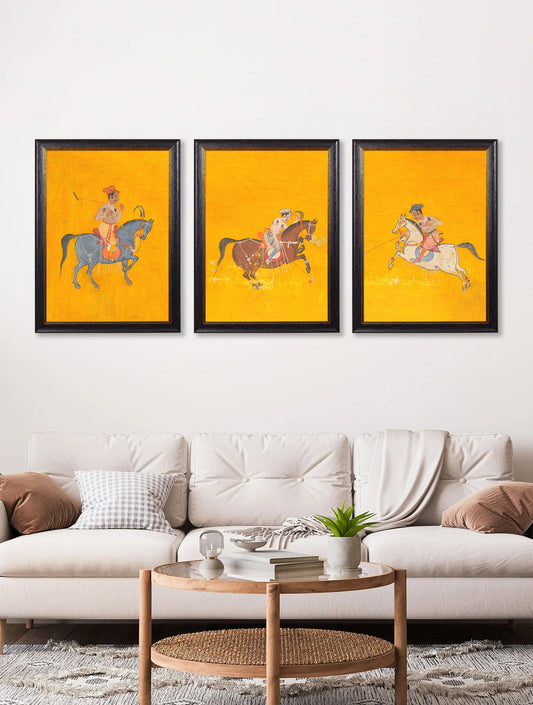 c.17th Century Indian Polo Players Triptych – framed wall art at Leya Buster Interiors