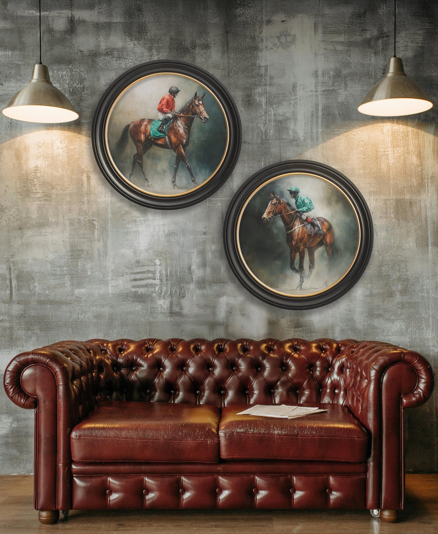 The Irish Racehorses – Oxford Round Frame – framed wall art at Leya Buster Interiors