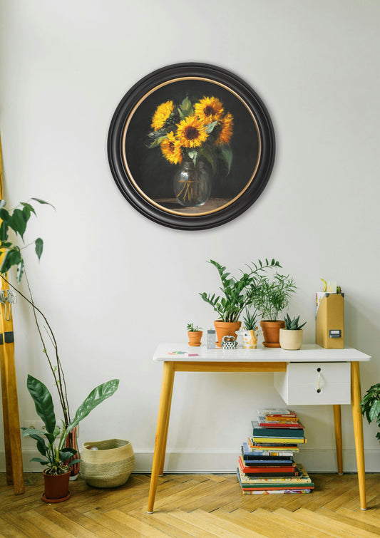 Sunflowers After Dark – Oxford Round Frame – framed wall art at Leya Buster Interiors