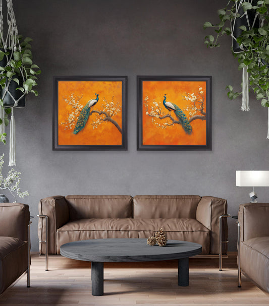 Peacocks In Saffron Garden – Black Hurstwood Square Frame – framed wall art at Leya Buster Interiors