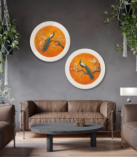 Peacocks In Saffron Garden - Oxford Strong White Round Frame