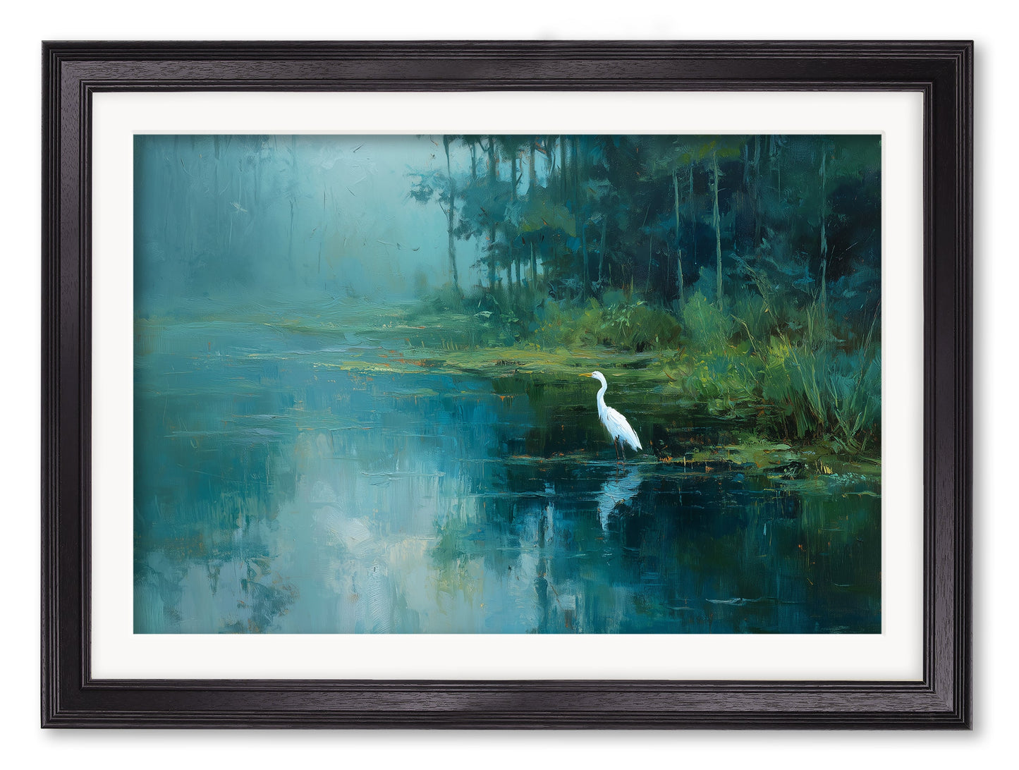 Misty Lake Great Egret - Black Hurstwood Frame