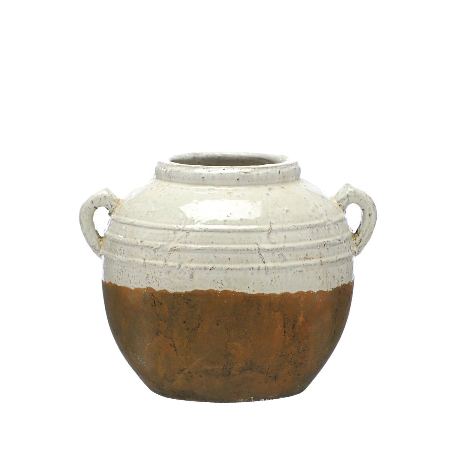 Ceramic jar with white top and brown bottom on a white background