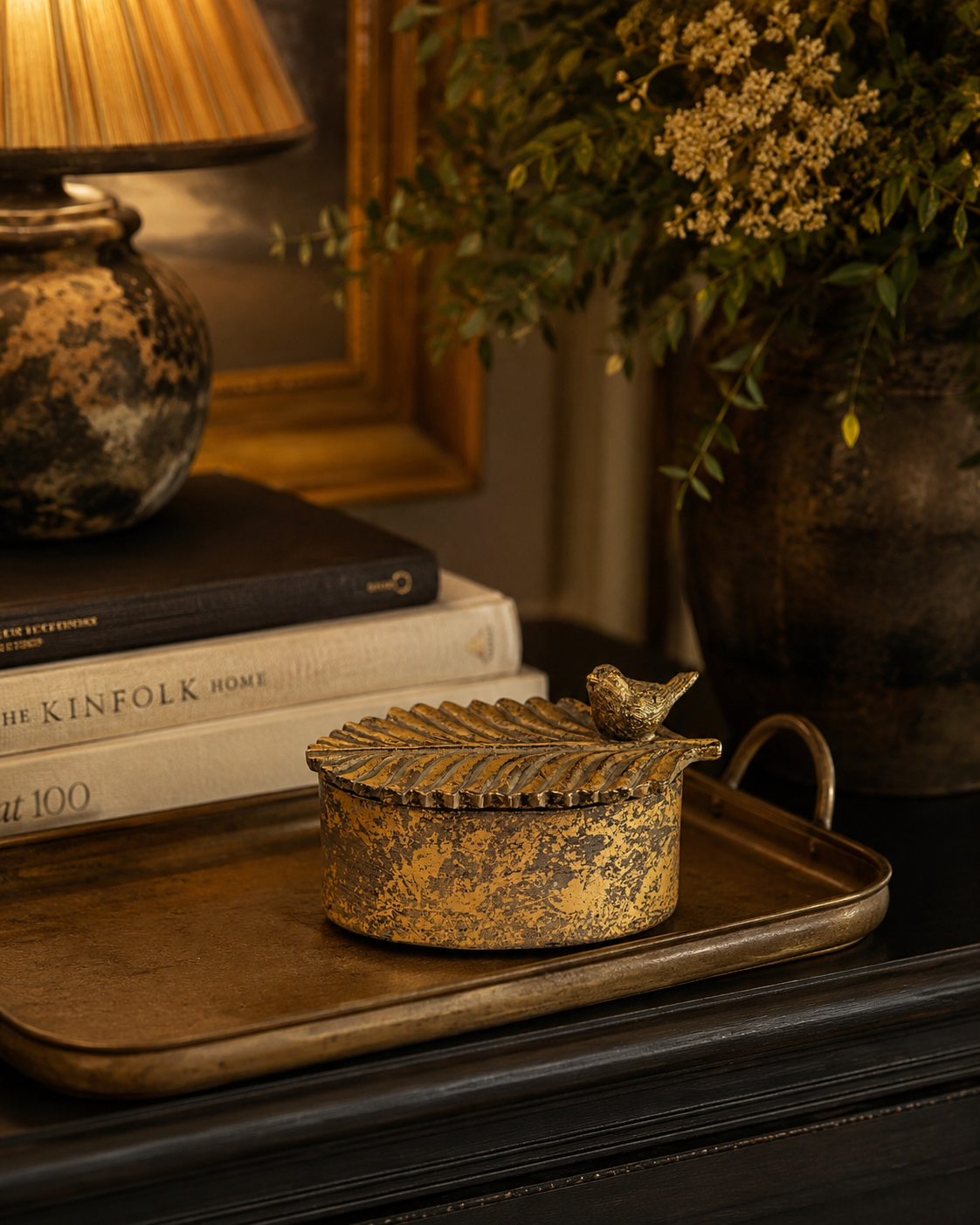 Antique gold bird trinket box shown from an alternative angle.