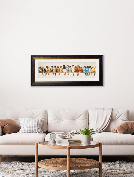 Birds on a Wire Panorama by Hector Giacomelli – framed wall art at Leya Buster Interiors