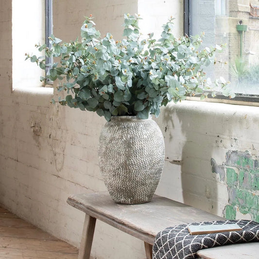 Stone, textured, vase, neutral, eucalyptus, green, stems 