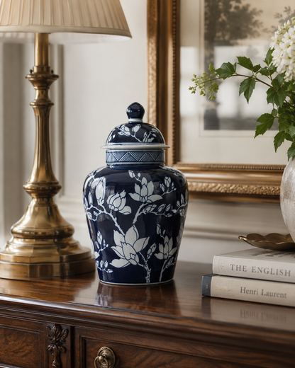 Blue Magnolia Ginger Jar – decorative jar at Leya Buster Interiors