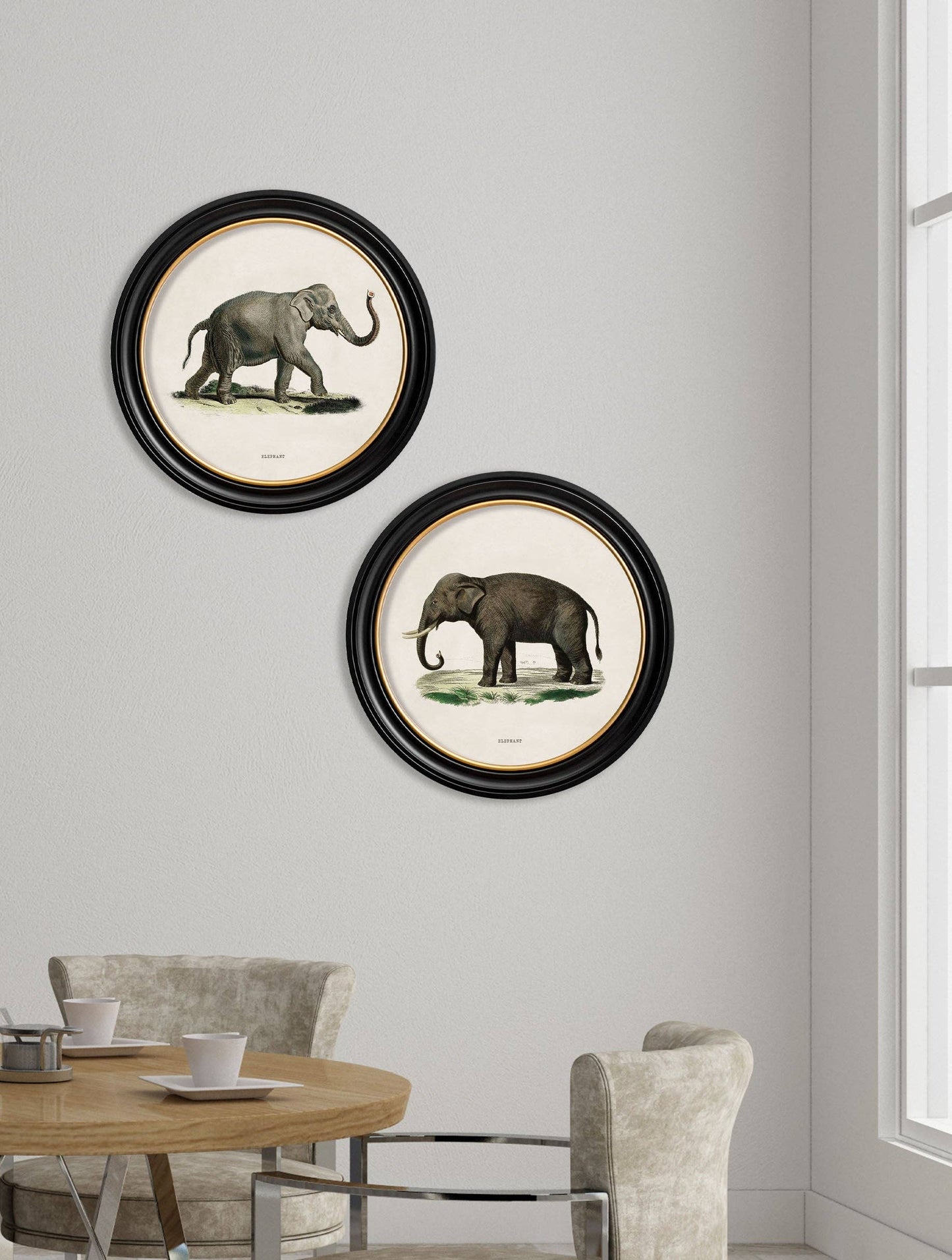 Set Of 2 Elephants Round Framed Pictures