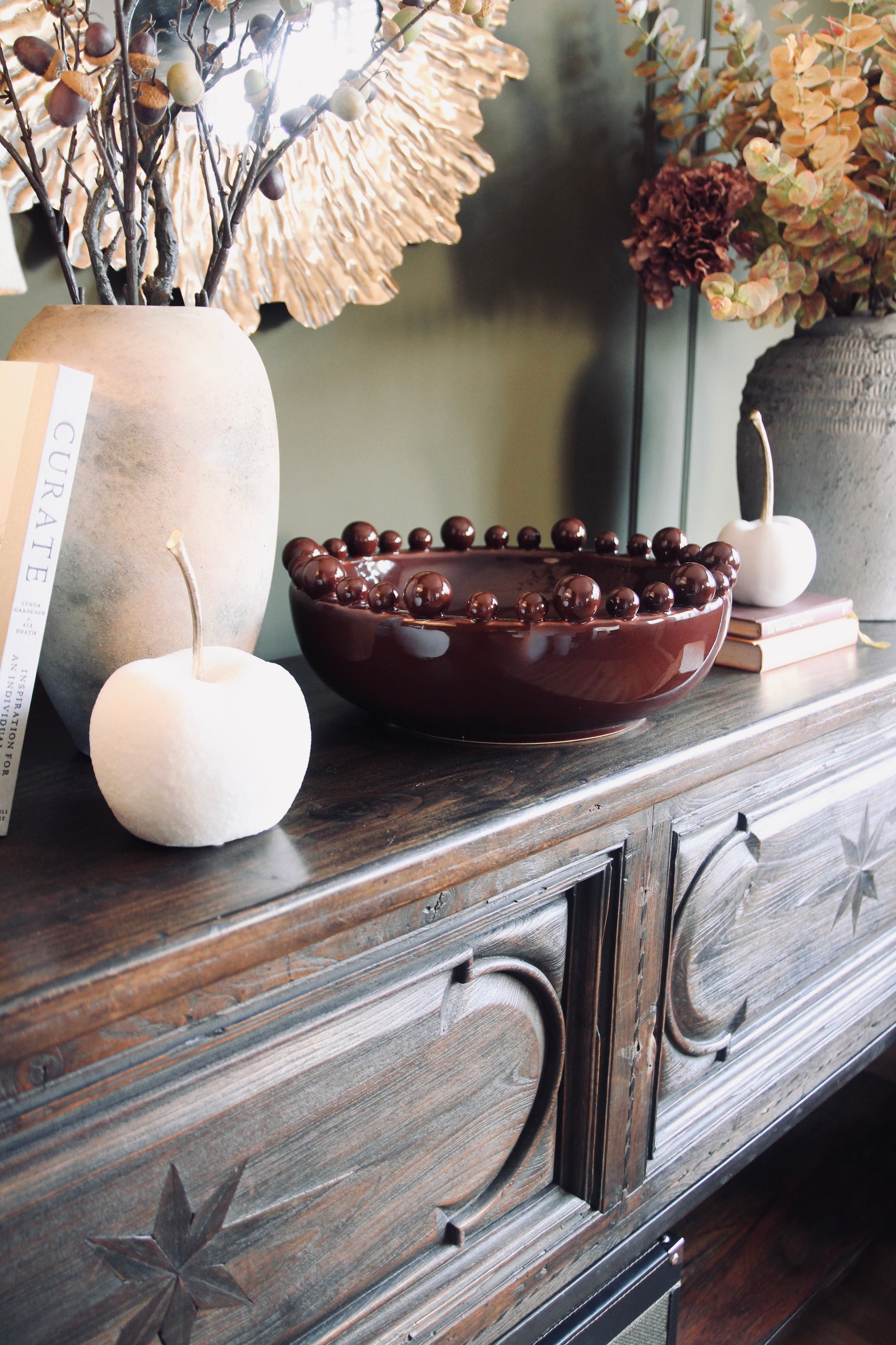 Chocolate brown ceramic decorative bowl with sculptural bobble edge detail