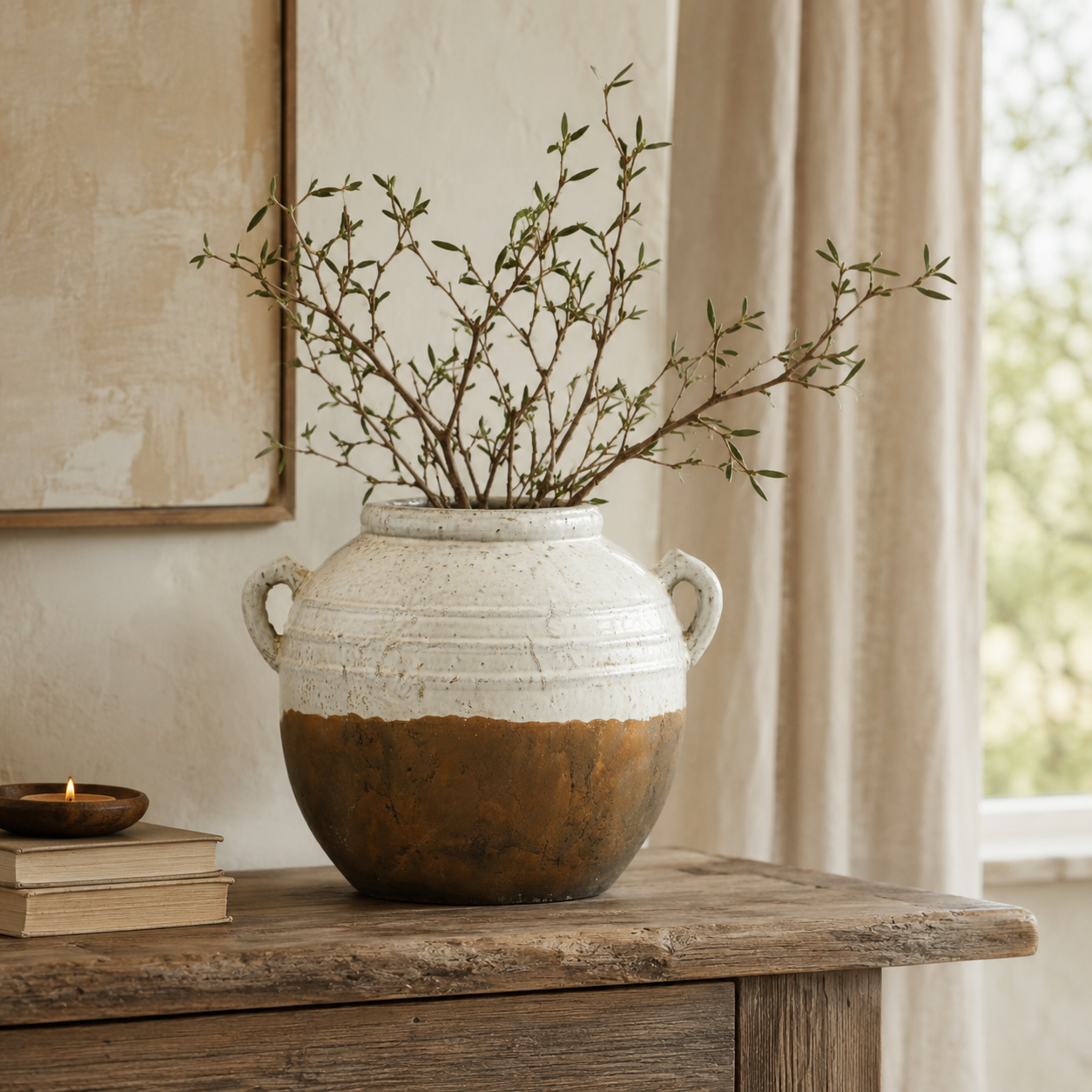 Aged Cream Terracotta Pot Vase with Handles