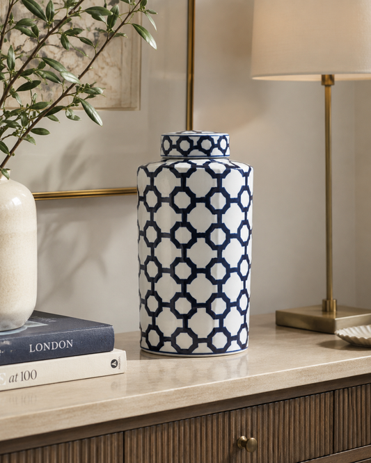 Tall Blue & White Geometric Ginger Jar