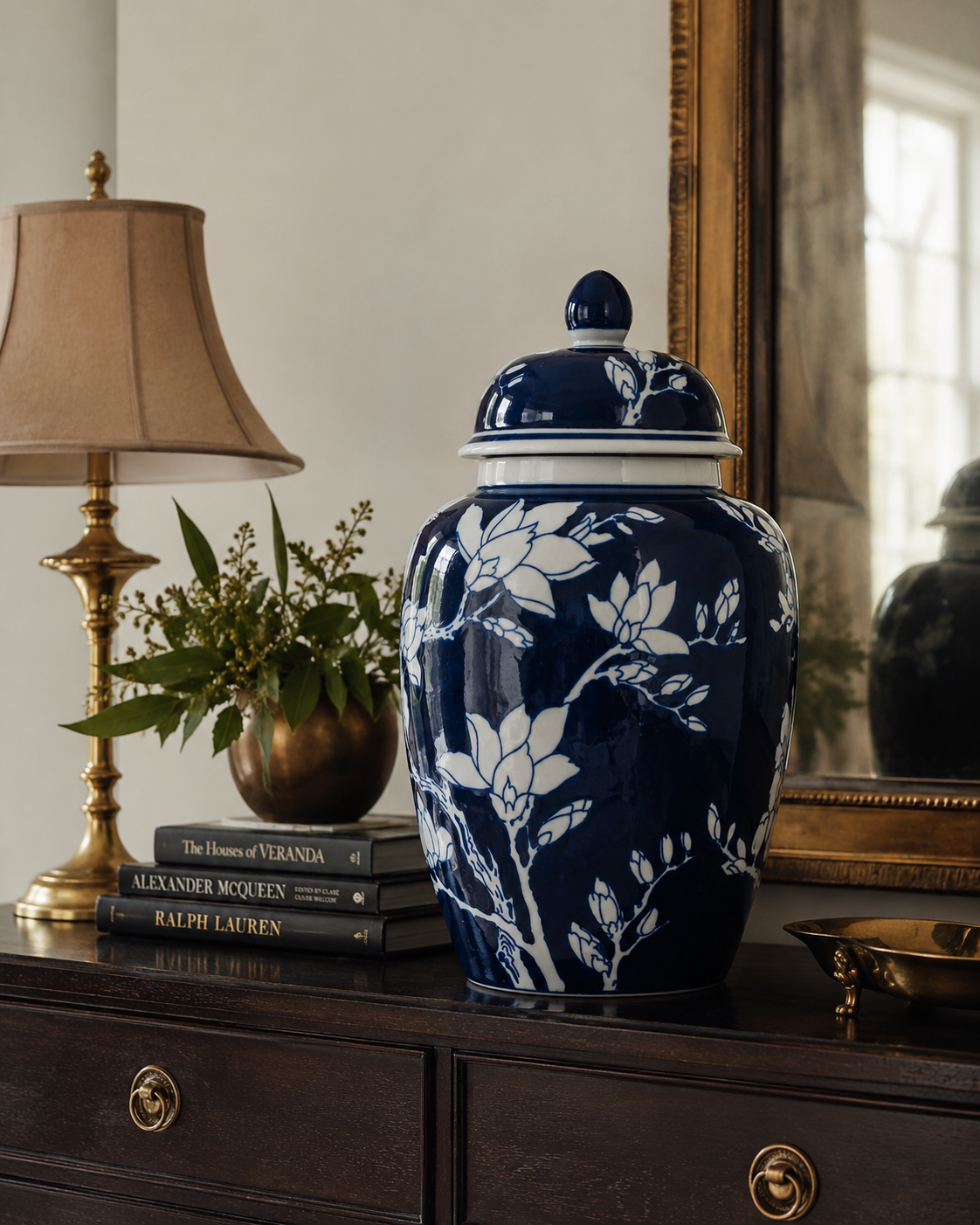 Large Blue Magnolia Ginger Jar styled view – Leya Buster Interiors